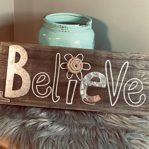 Kirkland's Mixed Media BELIEVE Wooden Sign (galvanized metal + burlap) - Picture 2 of 3